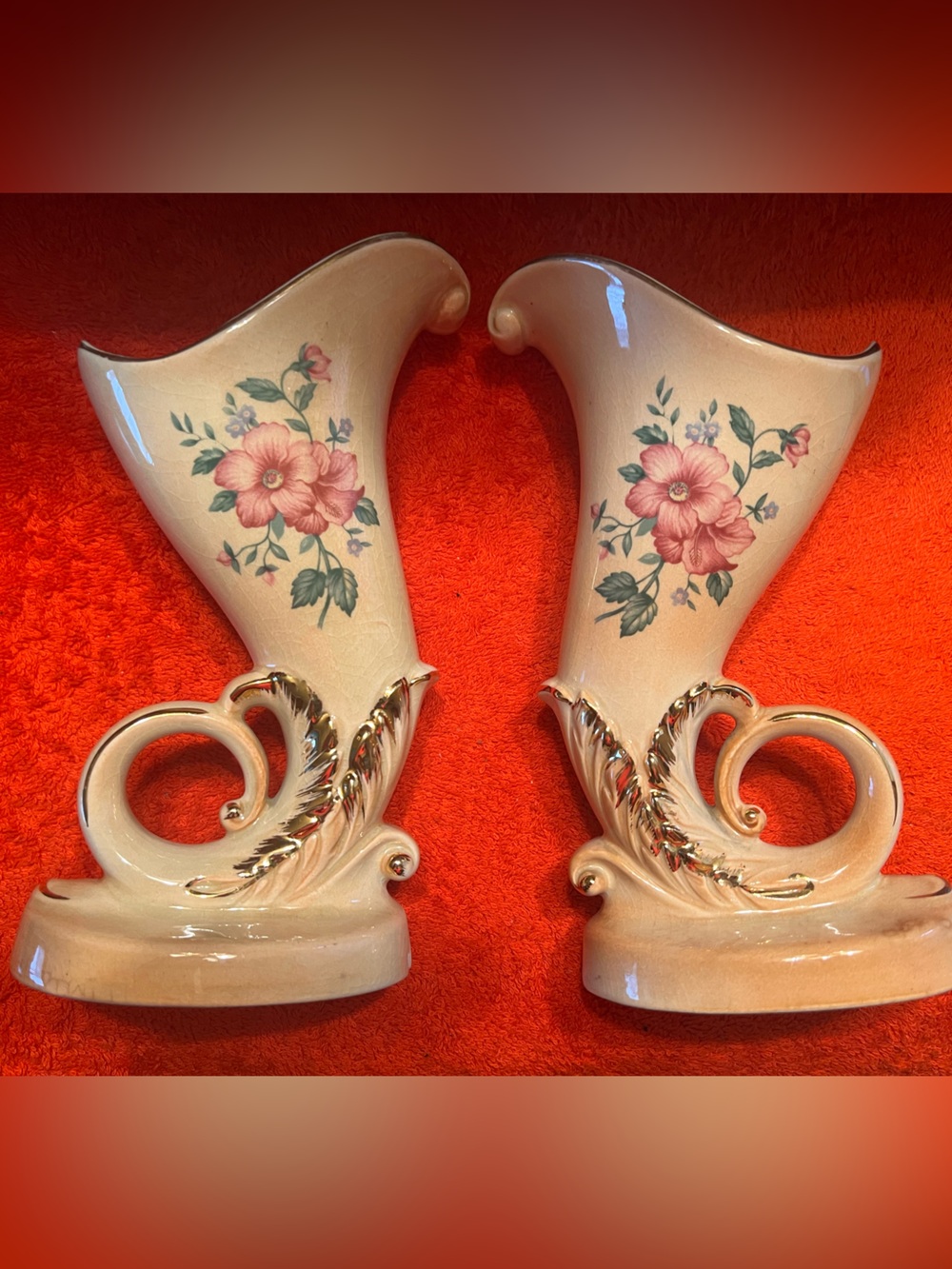 8” Floral Ceramic Cornucopia Vases in Cream with Pink Flowers Set of (2)